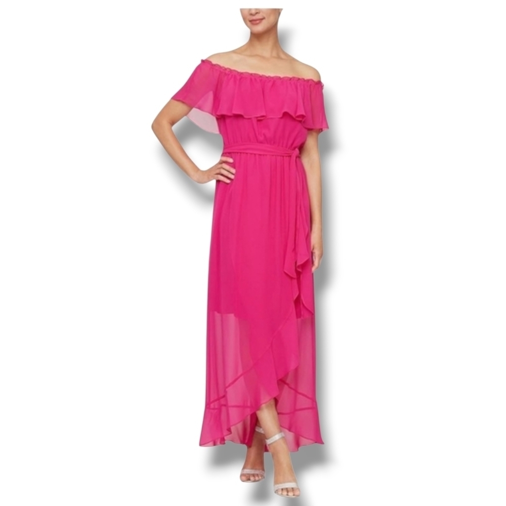 S.L. Fashions - Sz. 12 Sleeveless Chiffon Wrap Dress with Cascade Ruffle